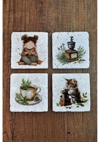 Resim Doğal Taş Bardak Altlığı Sevimli Kız Ve Kedi Kahve Temalı -10x10cm Stone Coasters Çok Renkli 