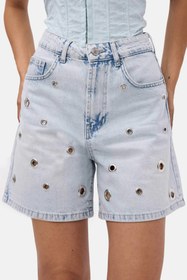 Resim Kadın Kot Rengi 4s6-3 Relax Mom Kuş Gözü Detaylı Tasarım Denim Şort - KOT / 36 