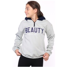 Resim Toontoy Kız Çocuk Oversize Kapüşonlu Fermuarlı Düşük Omuz Baskılı Lastikli Sweatshirt - 3 İplik Şardonlu Gri 