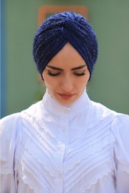 Resim Sahra Şal Dünyası Hazır Düğüm Bone Sakallı Lacivert 