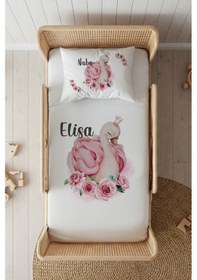 Resim %100 Pamuk Saten İsme Özel İsimli 100x200 Tek Kişilik Lastikli Çarşaf Seti Güller Ve Kuğu Beyaz 
