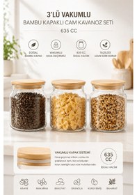 Resim 3 Lü Vakumlu Bambu Kapaklı Cam Kavanoz 635 Cc Hava Geçirmez Saklama Seti Baharatlık Şeffaf 
