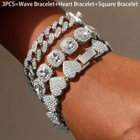 Resim 3 adet Moda Bling Taşlı Kübalı Zincir Bilezik Kadınlar Erkekler için, Hip Hop Iced Out Kalın Bağlı Zincir Bilezik Takı 