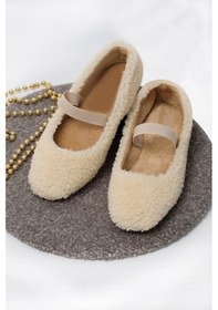 Resim Krem Peluş Tüylü Bant Detaylı Kadın Ev Ayakkabısı Babet Krem 