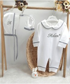 Resim Gros Shop Biyeli 4'lü %100 Pamuklu Hastane Çıkış Tulum Seti Ve Battaniyesi Gri 