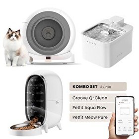 Resim Groove Q-Clean Otomatik Kedi Tuvaleti Gri - Petfit Aqua Flow Akıllı Su Pınarı Çeşmesi - Petfit Meow Pure Akıllı Otomatik Mama Kabı 