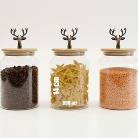 Resim 3 Lü Bambu Kapaklı Metal Geyik Figürlü Kavanoz Seti - Orta Boy Saklama Kabı 890cc - Siyah Siyah 