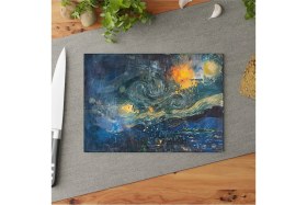 Resim Feyza Design Renkli Van Gogh Art Temperli Cam Kesme Tahtası, Şık Tasarım ve Kaymaz Yüzey 