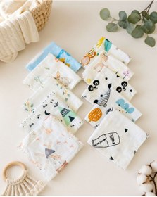Resim JUNİPERUS %100 Pamuk Müslin Mendil 10’lu Set 25x25 cm Unisex Bebek Ağız Mendili Karışık Desen 
