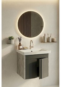 Resim Lavanta 50 Cm, Led Aynalı, Banyo Dolabı Seti, Seramik Lavabo Dahil, Mdf, Led'li Gümüş 