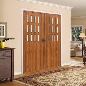Resim Faran Dekorasyon 230 x 230 Ceviz Renk Camlı Çift Açılım Pvc Akordiyon Katlanır Kapı FRNAKMODEL-235 