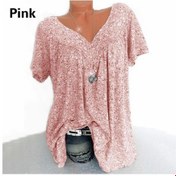 Resim Pembe Kadın Gevşek Baskılı Kısa Kollu V Yaka Üst T-shirt Rahat Büyük Beden Yaz Pembe 