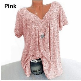 Resim Pembe Kadın Gevşek Baskılı Kısa Kollu V Yaka Üst T-shirt Rahat Büyük Beden Yaz Pembe 