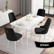 Resim Canisa Concept Are Serisi, Mdf 80X132 Açılabilir Beyaz Mermer Desen Yemek Odası Takımı, 4 Sandalye Gümüş Halkalı 