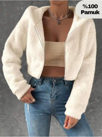 Resim Kadın Ekru Peluş Crop Fitted Kapşonlu Zip Fermuarlı Polar Hırka Sweatshirt Beyaz - Beyaz 