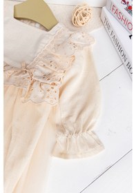 Resim Fistolu Kare Yaka %100 Pamuk Krem Kız Bebek Elbise Özel Gün Doğum Günü Krem 