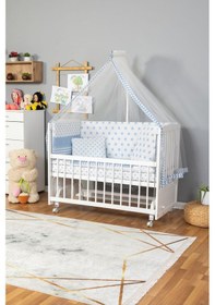 Resim Ahşap Beşik Anne Yanı Beşik Beyaz 60x120 - Mavi Yıldız Tek Yastık Uyku Seti + Yatak + Tekerlekli Beyaz 