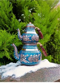 Resim Lacivert Seramik Boya Kaplama Gül Çiçek Bakır Çaydanlık 