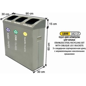 Resim Arı Metal Geridönüşüm Kovası 3 Lü Paslanmaz Eğik Kapaklı 