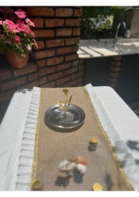 Resim Diletto Hasır Jüt Kumaş Gold Şeritli Tül Fırfırlı Runner Hasır Kahve 