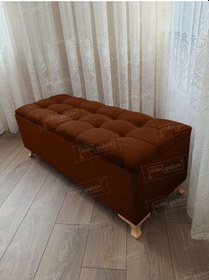 Resim Çizgi Kapitoneli Sandıklı Puf 90 Cm Gold Ayak Kahve 