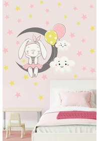 Resim Pembe Sevimli Tavşan Ve Ay Çocuk Odası Duvar Sticker 