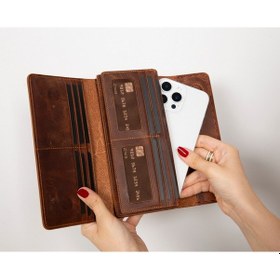 Resim Noble Hakiki Deri, El Yapımı, Telefon Bölmeli, Kadın Cüzdanı, Antik Kahve Kahve 