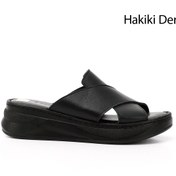 Resim GÖNDERİ(R) Kadın / Kız Siyah Çapraz Bantlı Dolgu Topuk Hakiki Deri Comfort Terlik 
