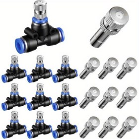 Resim 20 Adet Sis Püskürtme Nozulu, 1/4" Su Sisli Tee Bağlantı Parçası, 8mm Pirinç Nozul, 1/4" Hava Hortumu Fitingi ile Dış Mekan Soğutma Sistemi İçin (İki Bölüm) 