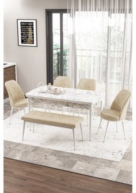 Resim Canisa Concept Zen Serisi 80x132 Mdf Açılabilir Beyaz Mermer Desen Masa Takımı 4 Krem Sandalye Ve 1 Bench Masa Beyaz Mermer Sandalye Ve Bench Krem 