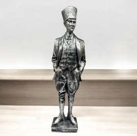 Resim Dekoratif Polyester Atatürk Heykeli 46 Cm Gümüş Eskitme 