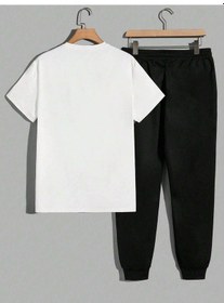 Resim Never Beyaz T-shirt Siyah Eşofman Altı Jogger - Baskılı Alt Üst Eşofman Takım Oversize Bisiklet Yak Beyaz Siyah 