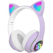 Resim Kensa Lila Kedi Kulağı Detaylı Kablosuz Rengarenk Işıklı Buetooth Rgb Çocuk Oyuncu Kulaklık 