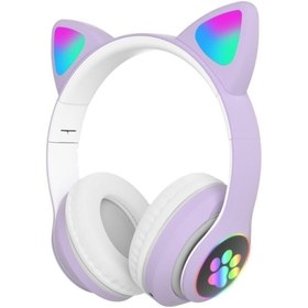 Resim Kensa Lila Kedi Kulağı Detaylı Kablosuz Rengarenk Işıklı Buetooth Rgb Çocuk Oyuncu Kulaklık 