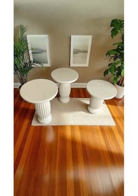 Resim Ahşap Mantar Sehpa 3 Lü Set Krem Renk Modern Yan Sehpa Takımı - Zigon Sehpa Takımı Krem 