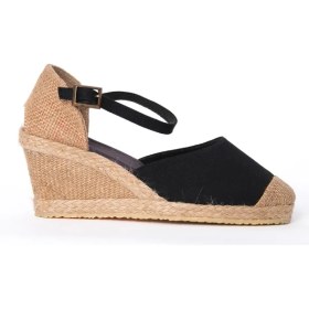 Resim Star Tombis Siyah Bilekten Bantlı Topuğu Açık Keten Espadril Dolgu Topuk 