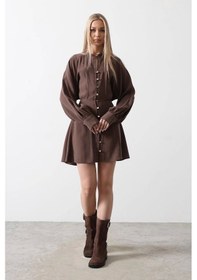 Resim Gold Rengi Düğme Detaylı Elbise - Kahve Kahve 