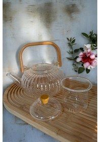 Resim Qerhome Borosilikat Cam Bambu Saplı Cam Süzgeçli Papatya Demlik 1000 Ml Şeffaf 