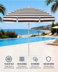 Resim Durul Plaj Şemsiyesi Balkon Bahçe Güneş Şemsiyesi 200cm 10 Telli UV Korumalı - Kahve Çizgili 