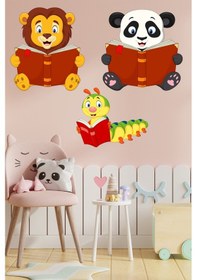 Resim Kitap Okuyan Sevimli Hayvanlar Sticker Aslan Panda ve Kırkayak Anaokulu, Çocuk ve Bebek Odası 