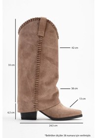Resim Luvishoes Velın Toprak Süet Hakiki Deri Dikişli Kadın Western Çizme Toprak 