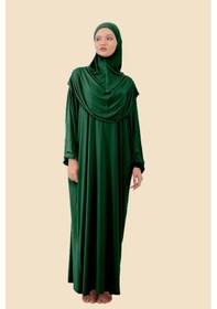 Resim Tek Parça Tesettür Namaz Elbisesi Tak Çıkar Başörtülü Organik Pamuklu Lastikli Kolu Kaymaz Penye Zümrüt Yeşili 