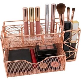 Resim Temel Rose Gold Metal Mesh Masaüstü Organizer Çekmeceli Çok Bölmeli 21.8x11.5x11 Cm 9510 