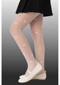Resim 1'li Kız Çocuk İnce Kurdele Desenli Külotlu Çorap Krem-1468 Krem 