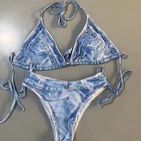 Resim Faux kot Baskılı Üçgen 2 Parça Bikini Takımı, Bağcıklı Askılı Sırtı Açık Mayo, Kadınların Mayo ve Giyim 