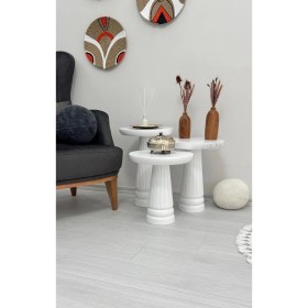 Resim Ahşap 3'lü Set Mantar Yan Sehpa Modern Beyaz Renk Fiskos Zigon Çiçeklik 