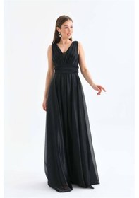 Resim Neşeli Butik Kadın Siyah V Yaka Simli Tül Abiye Elbise Nbs9223 Siyah 