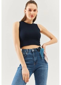 Resim Butikgiz Kadın Sıfır Kol Bisiklet Yaka Vücuda Oturan %100 Pamuklu Kaşkorse Esnek Crop Bluz Lacivert 