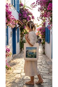 Resim Fi Hediyelik Bodrum Temalı Çiçekli İllüstrasyon Baskılı Ham Bez Tote Bag Plaj Yazlık Günlük Çanta 