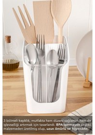 Resim 3 Bölmeli Tezgah Üstü Kaşıklık - Çıkarılabilir Bölmeli Kaşık Bıçak Standı Mutfak Organizer Beyaz 